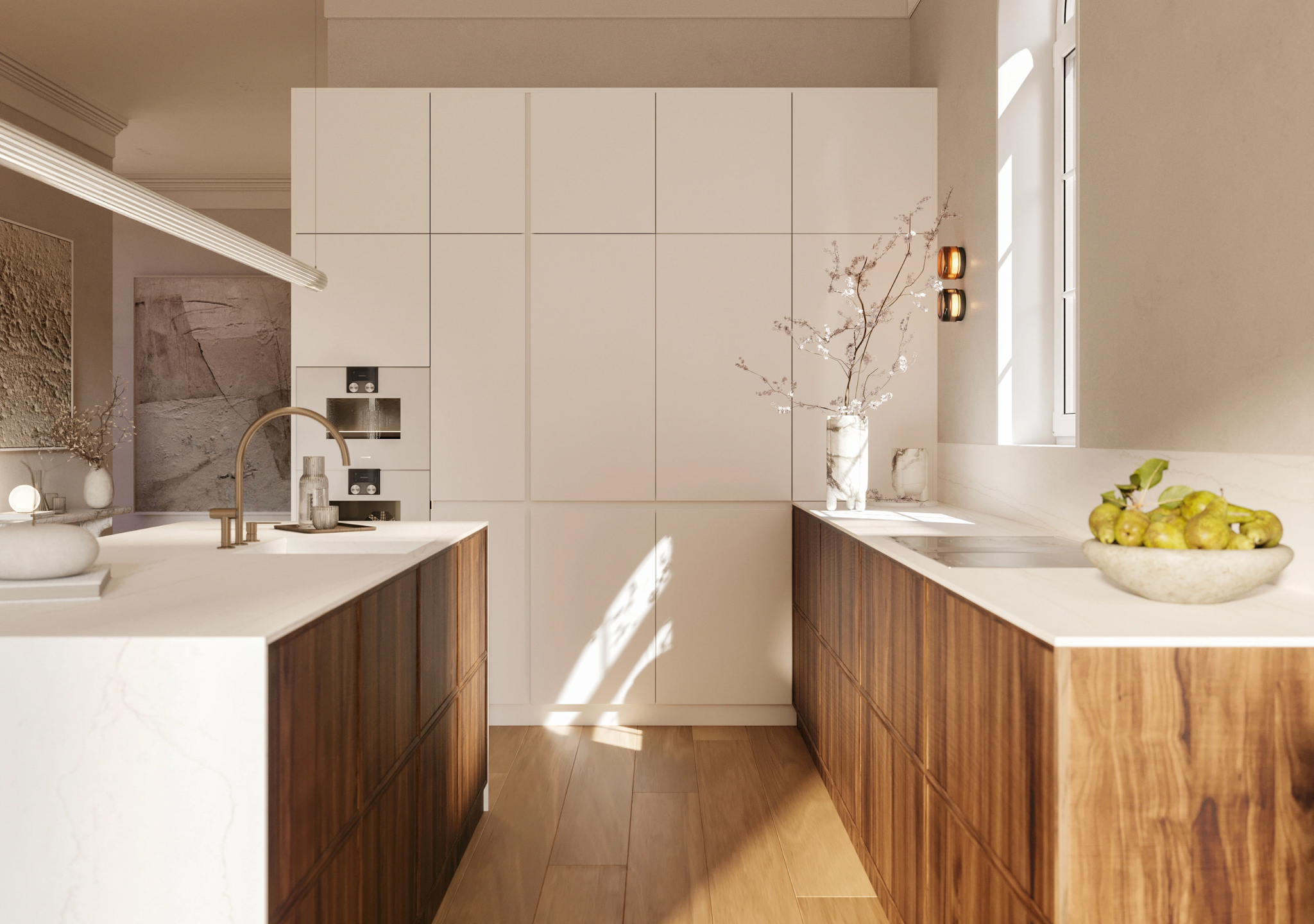 White kitchen with a walnut island and a window