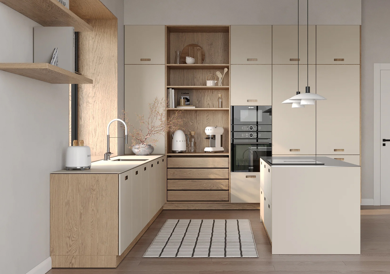 Beige kitchen with oak niches, a tiled floor and a white island