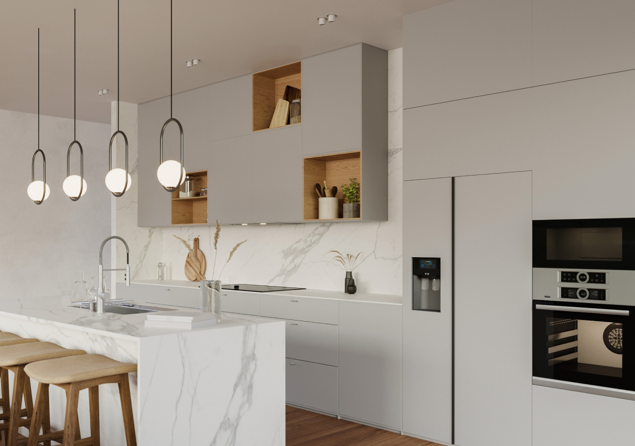 Grey kitchen with a white island, pendants and a wooden stool