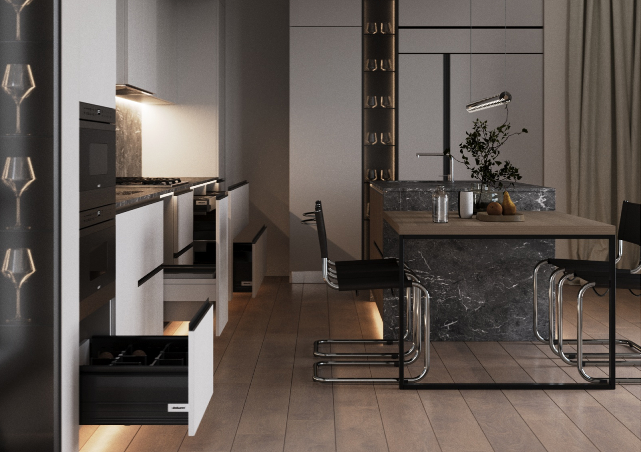 Dark kitchen with a white drawer open and a dining table behind