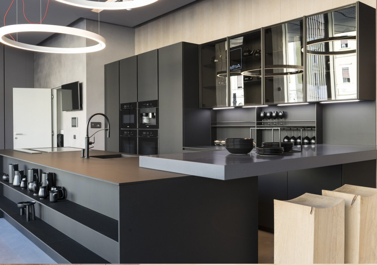 Dark Fenix kitchen with a round pendant and a white island