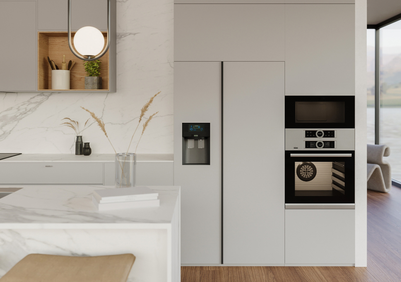 White kitchen with a marble backsplash and a black fridge