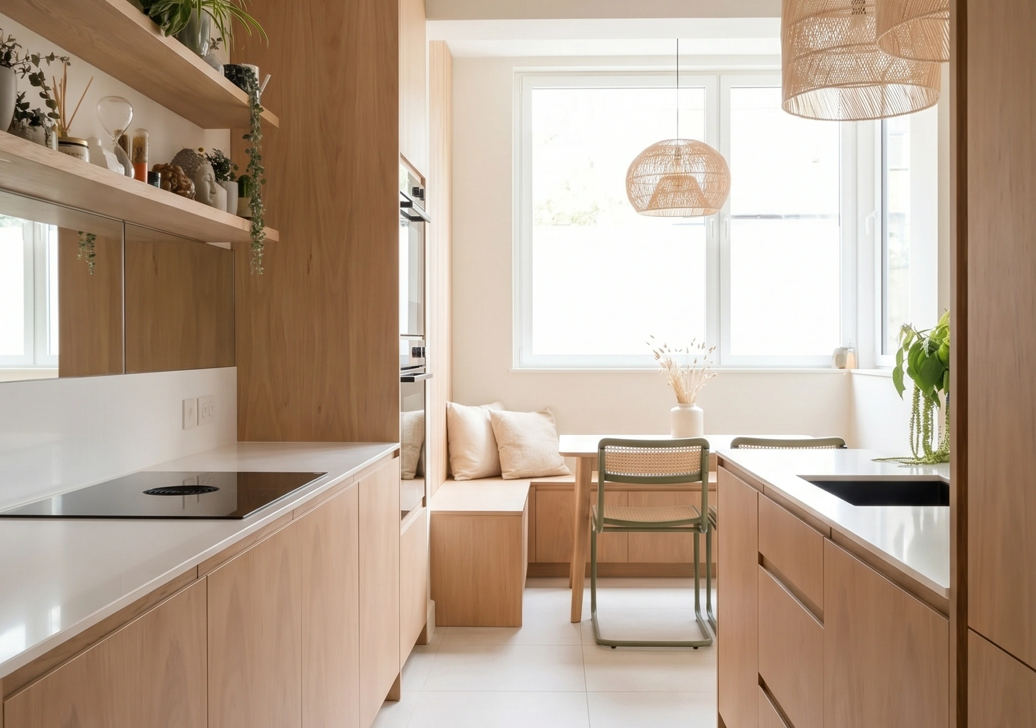 Oak kitchen with open shelves and a window