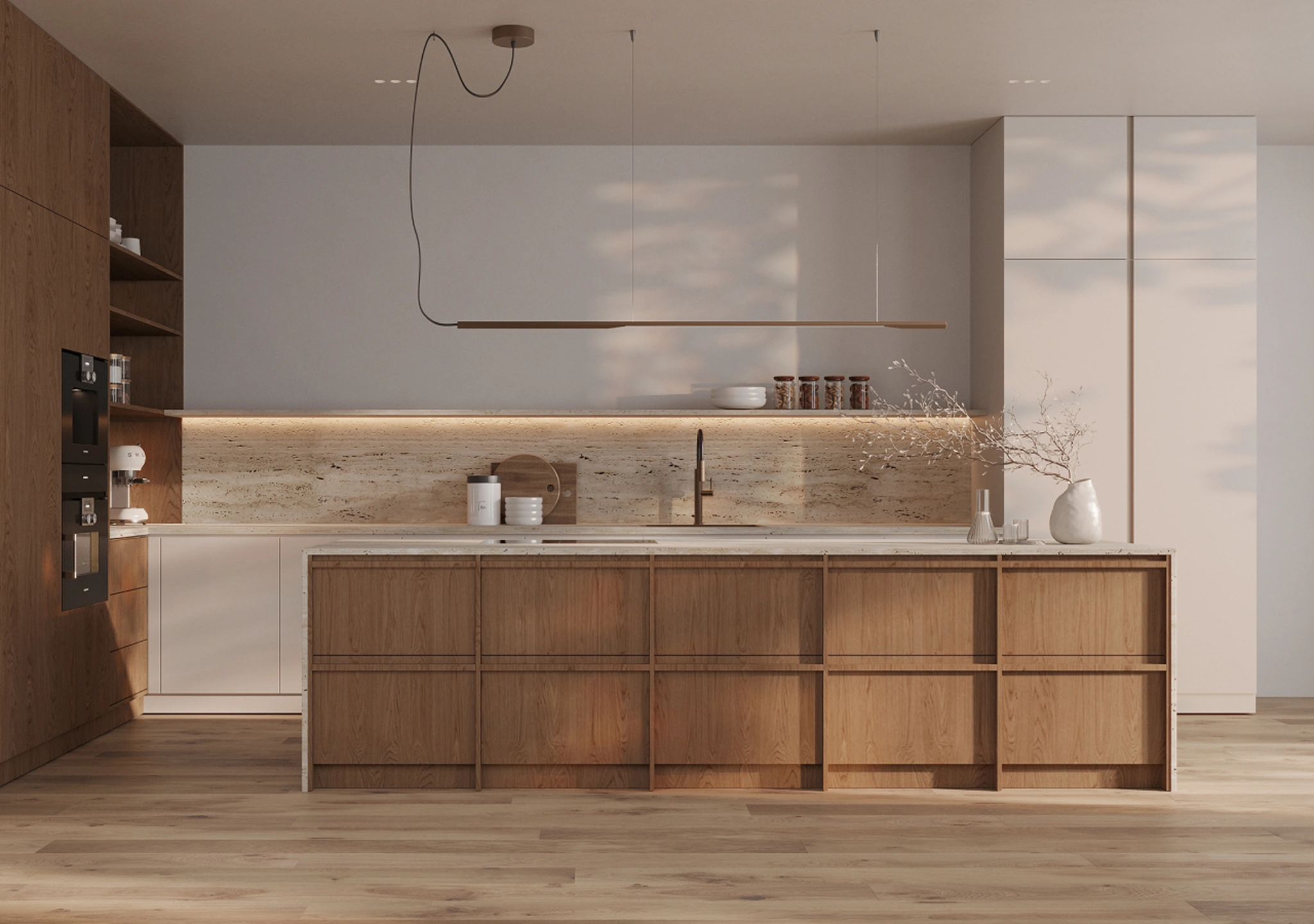 Oak frame-and-panel kitchen with a stone island and a lit shelf