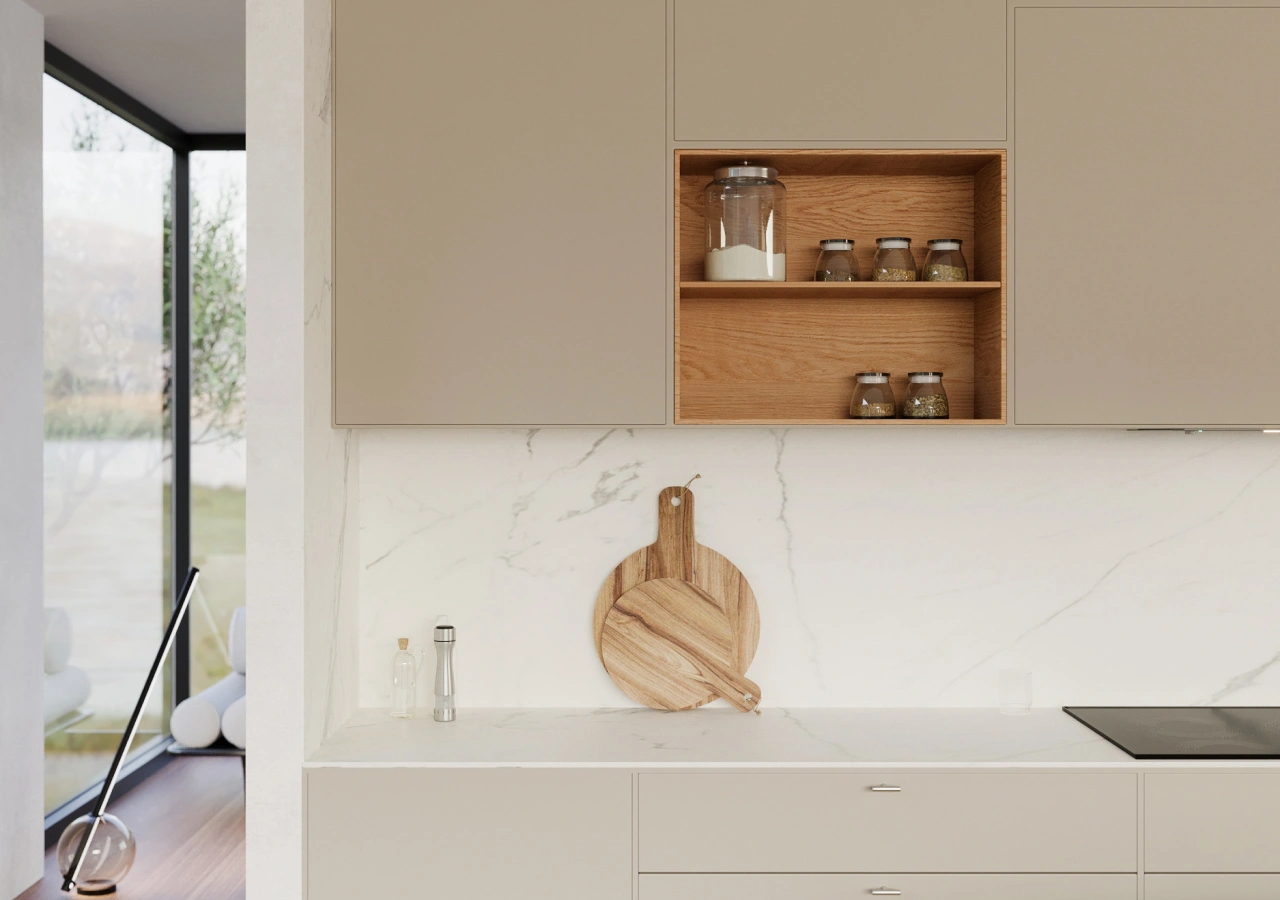 White handleless kitchen with an oak niche and a marble backsplash
