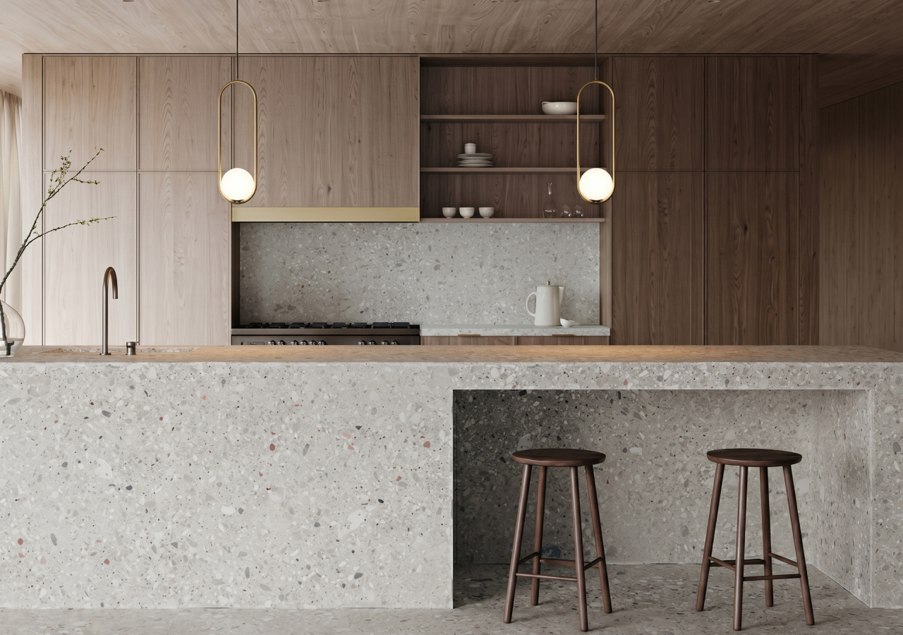 Walnut kitchen with a stone island and two black stools