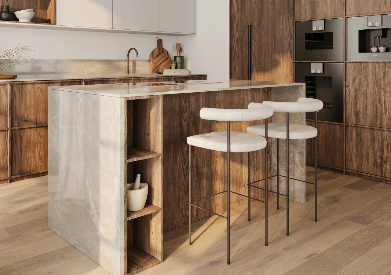 Light oak kitchen island with drawers on the working side and seating on the far side