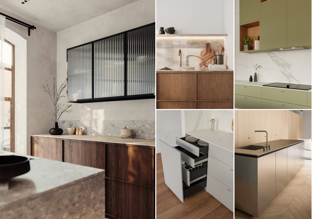 Collage of kitchen details: fronts, lit shelves and a stone island