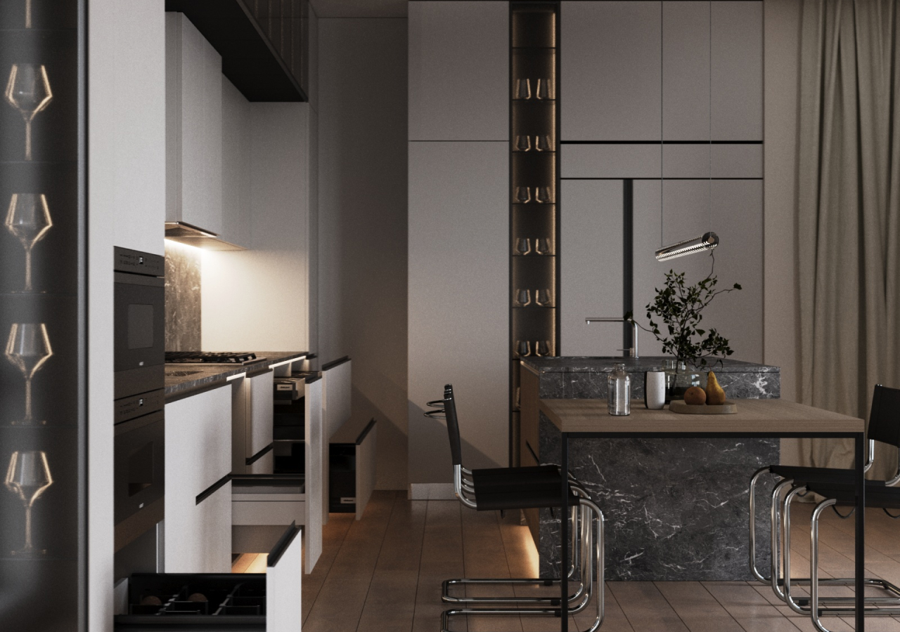 Dark kitchen with lit cabinets and a white island