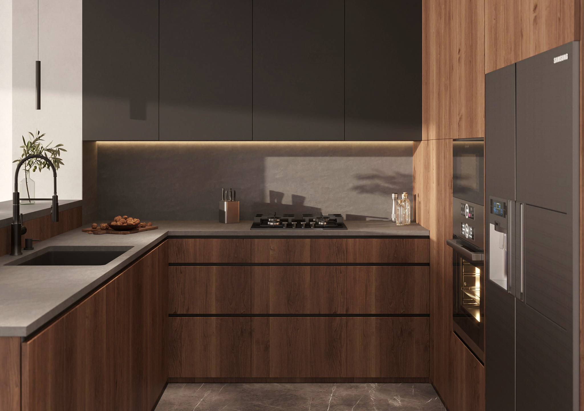 Dark loft kitchen with a black fridge and a lit backsplash