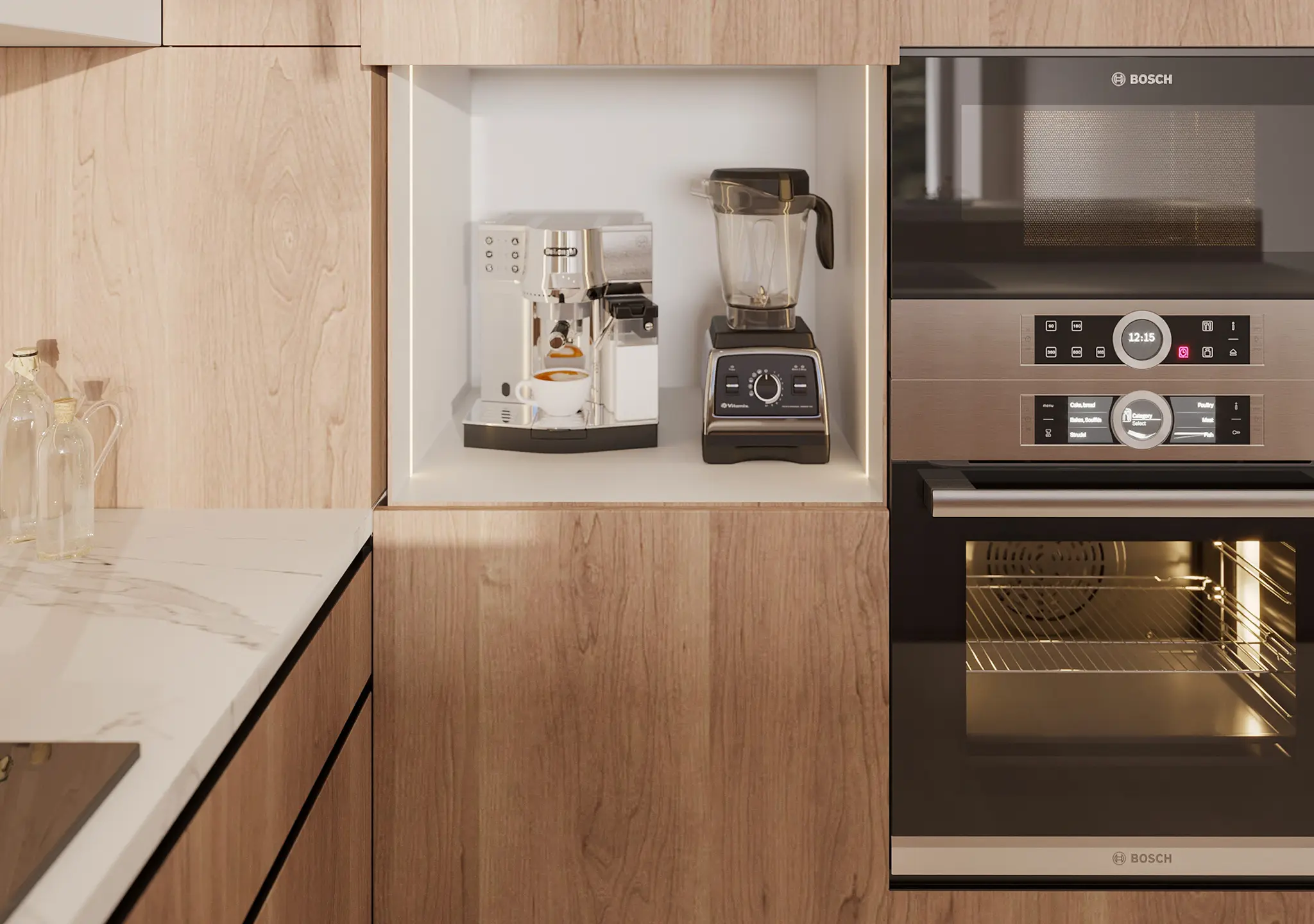 Walnut kitchen with a built-in oven, coffee machine and a white countertop