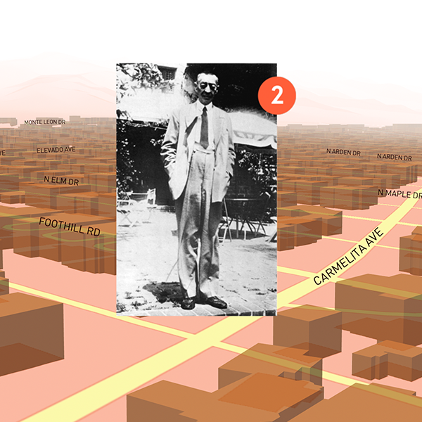 A black and white portrait of Rachmaninoff in his garden is overlayed atop a map showing the street.