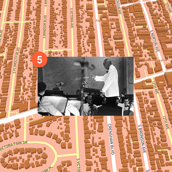 A black and white photo of William Grant Still conducting at the Hollywood Bowl is overlayed a map of streets surrounding his home on South Victoria Avenue.