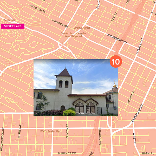 A photo showing the exterior of Holy Virgin Mary Russian Orthodox Church is overlayed atop a map of the streets surrounding in Silver Lake.