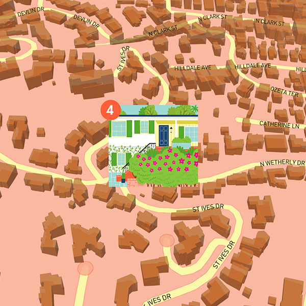 An illustration of Vera and Igor Stravinsky's house is overlayed atop a stylized map showing the streets surrounding North Wetherly Drive.