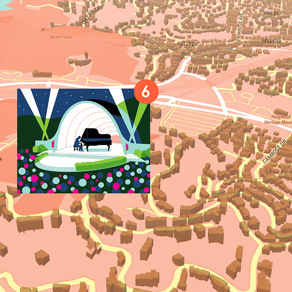 An illustration of the Hollywood Bowl is overlayed atop a stylized map showing the streets surrounding Highland Avenue.
