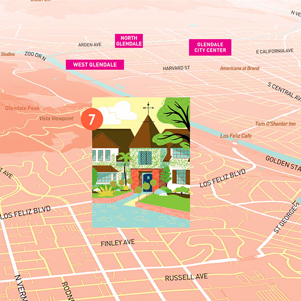An illustration of Lillian and Walt Disney's home is overlayed atop a map showing the cross streets of Woking Way.