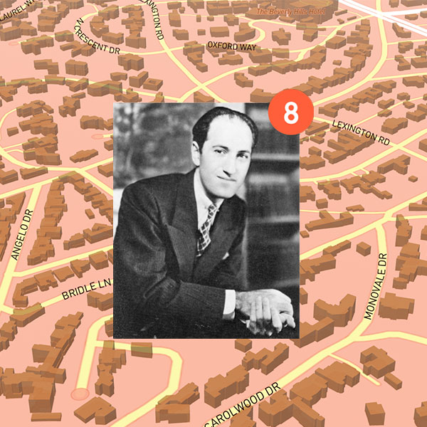 A portrait of George Gershwin is overlayed atop a map showing the cross streets of North Roxbury Drive.