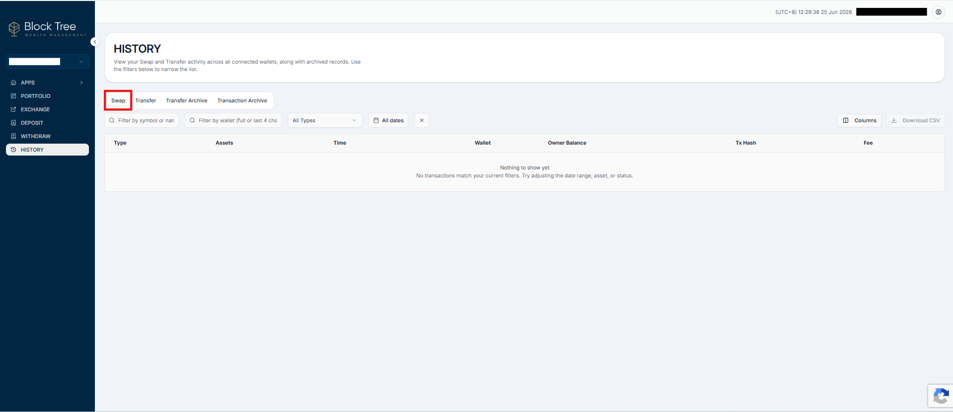 History Landing Page of Fusang Swap