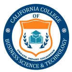 Seal of California College of Business Science & Technology featuring an open book, laurel branches, and the words 'Knowledge-Impact-Intelligence'.