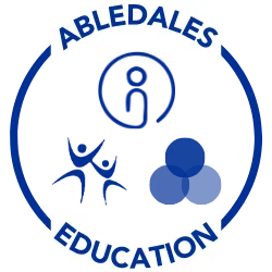 Abledales Education logo featuring a circle with three icons: a person, two figures with raised arms, and three connected circles.