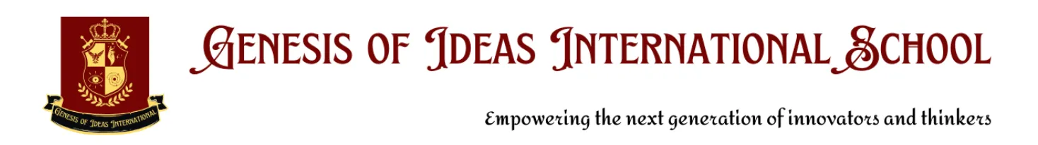 Genesis of Ideas International School logo featuring a maroon shield with gold symbols and a crown, alongside the school name and the motto 'Empowering the next generation of innovators and thinkers.'