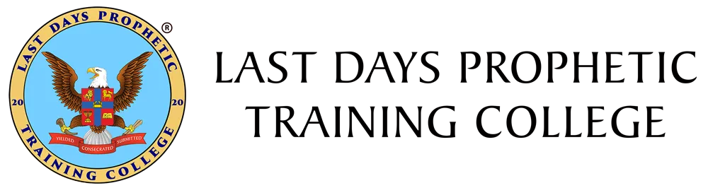 Seal of Last Days Prophetic Training College featuring an eagle with outstretched wings and a shield with symbols, encircled by gold ring with college name and year 2020.