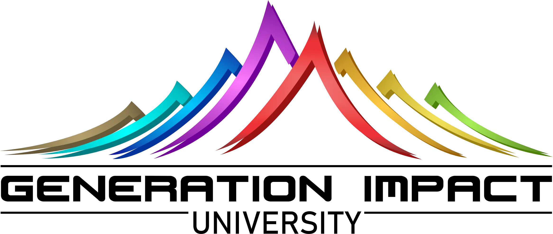 Colorful stylized mountain peaks in a gradient spectrum from brown, turquoise, blue, purple, red, orange, yellow to green on a black background.