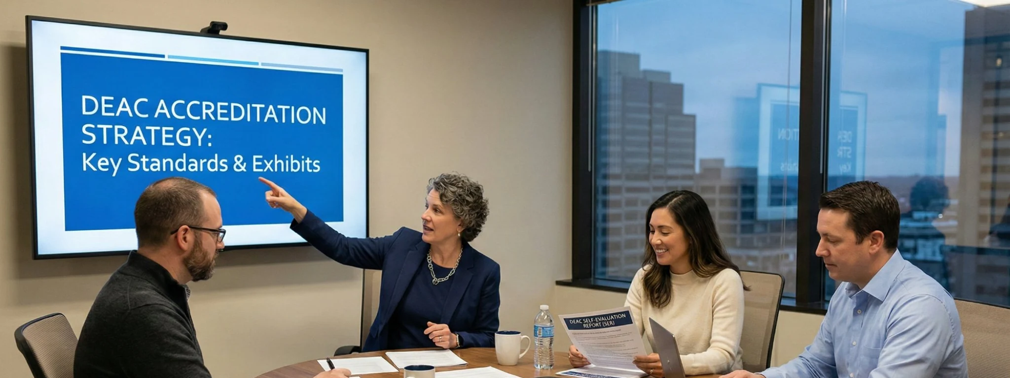 Expert Education Consultants team discussing DEAC accreditation strategy and key standards