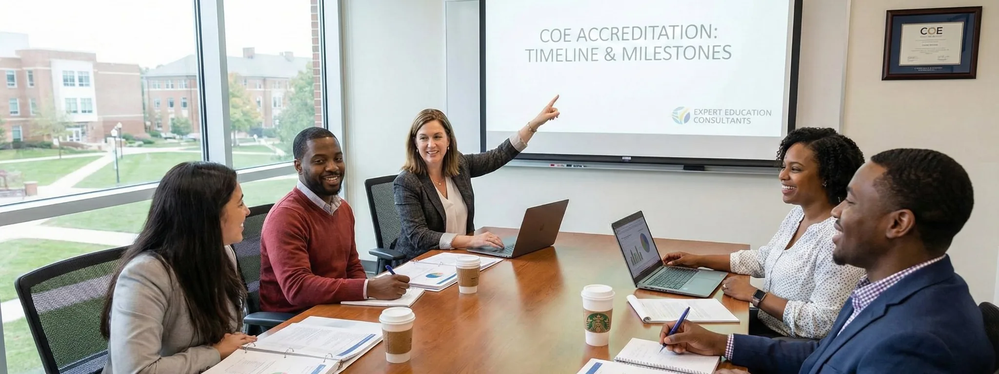 Expert Education Consultants team presenting COE accreditation timeline and milestones in a conference room