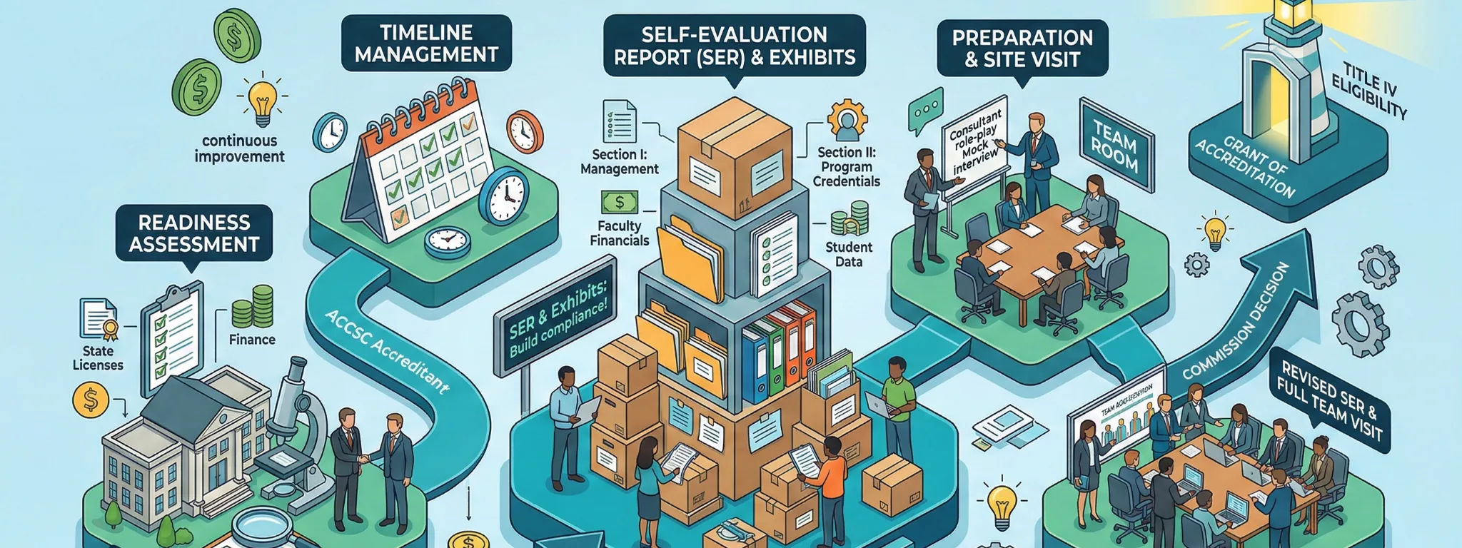 Expert Education Consultants ACCSC accreditation journey infographic showing readiness assessment, SER and exhibits, site visit preparation, and grant of accreditation