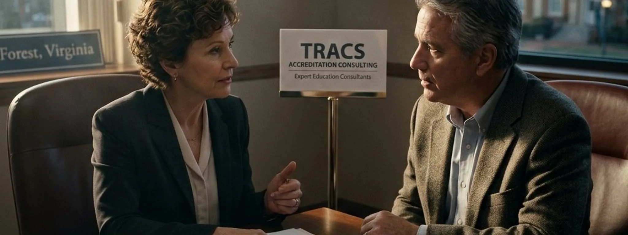 Expert Education Consultants team reviewing TRACS accreditation self-study documents in a conference room