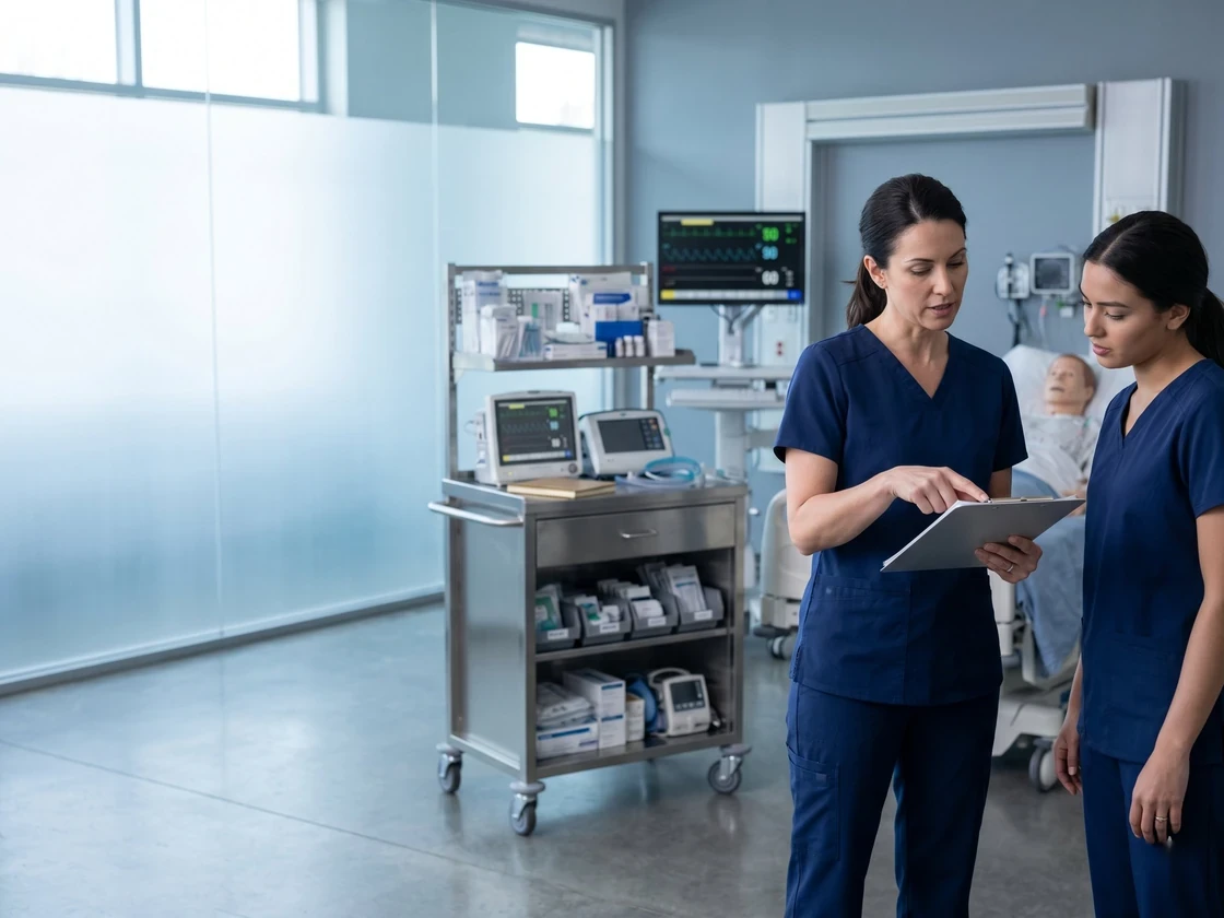 Nursing faculty mentor reviewing a clipboard with a student nurse in a modern clinical simulation lab