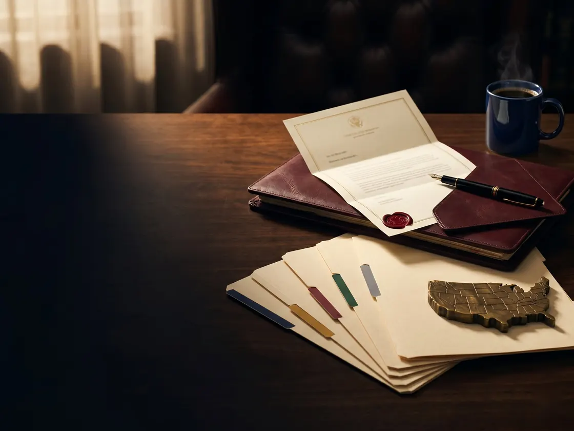 Embossed state licensing approval letter, leather portfolio, and brass U.S. map — Expert Education Consultants state authorization for colleges