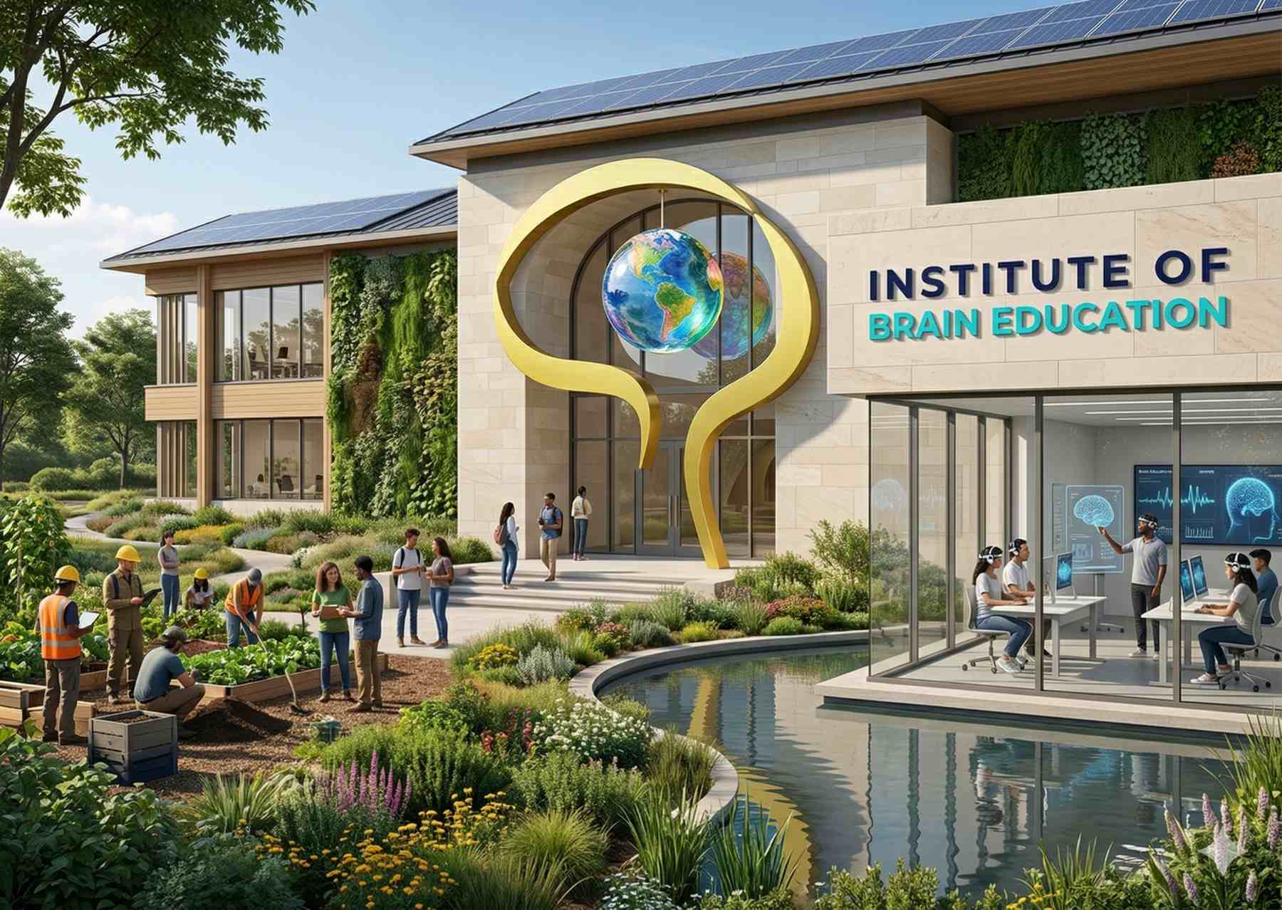 Modern Institute of Brain Education with green wall, solar panels, garden, pond, and students using VR inside.