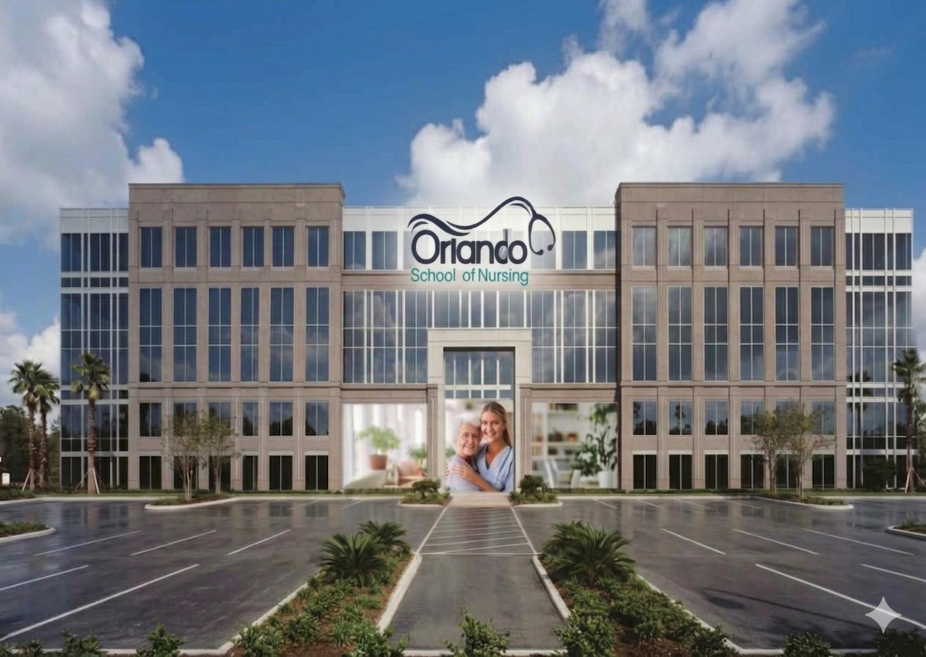 Orlando School of Nursing building with logo and an image of a nurse hugging an elderly woman.