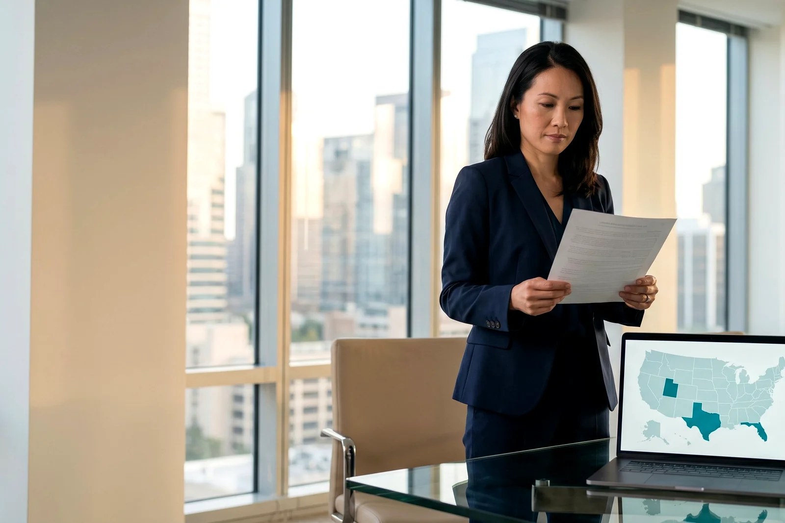 Businesswoman in a navy suit reads a document, laptop shows a U.S. map with some states highlighted.