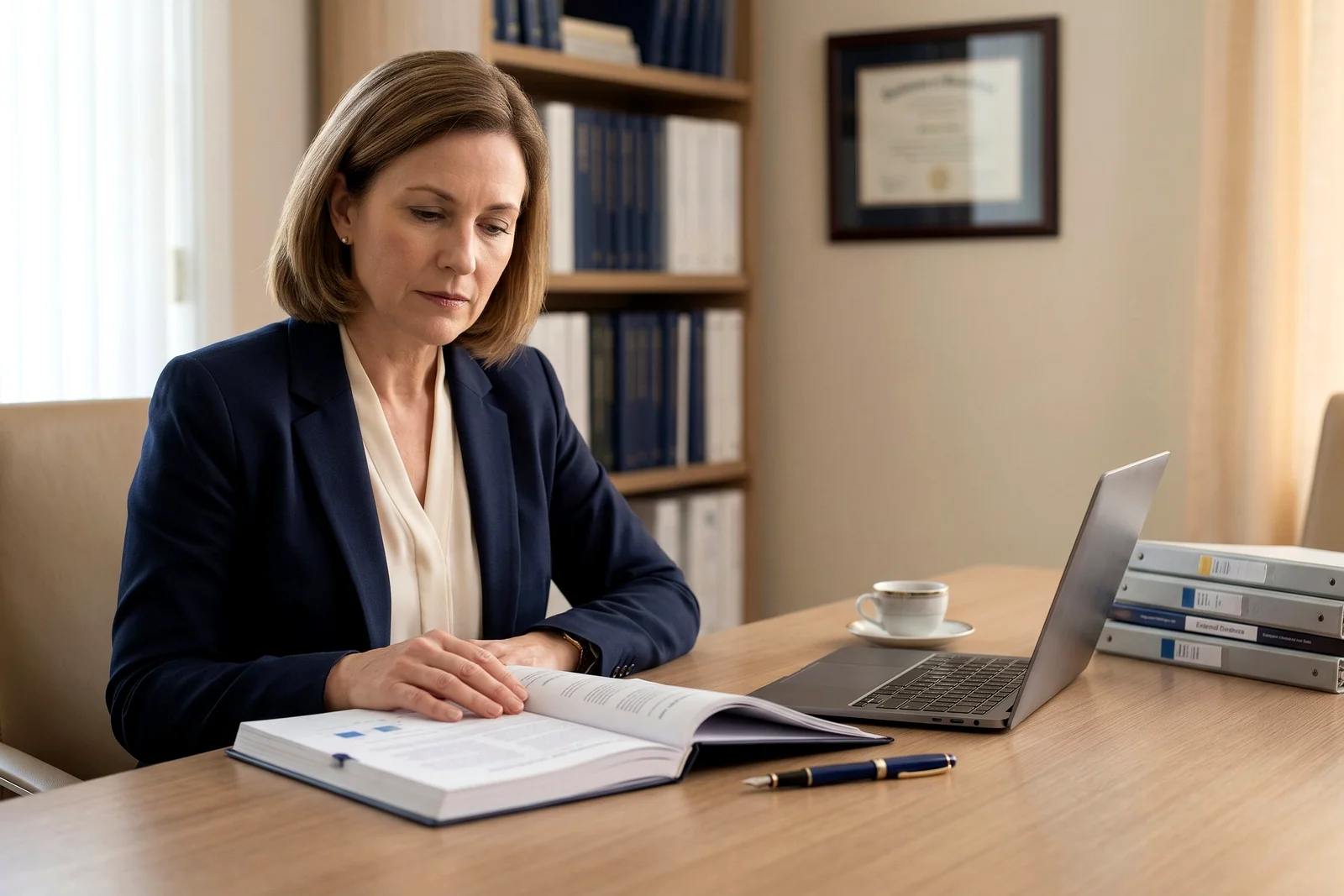 Businesswoman reading a large book at a desk with a laptop, pen, and coffee cup in an office.