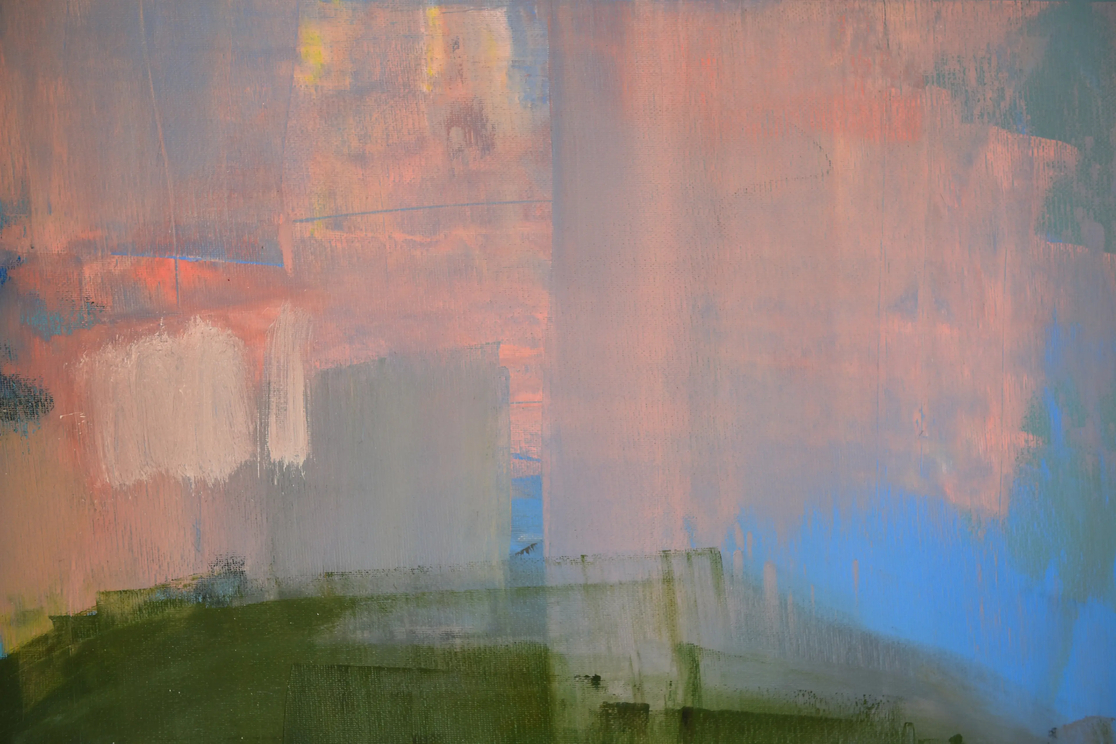 Abstract painting with broad brushstrokes in muted tones of pink, blue, green, and gray.