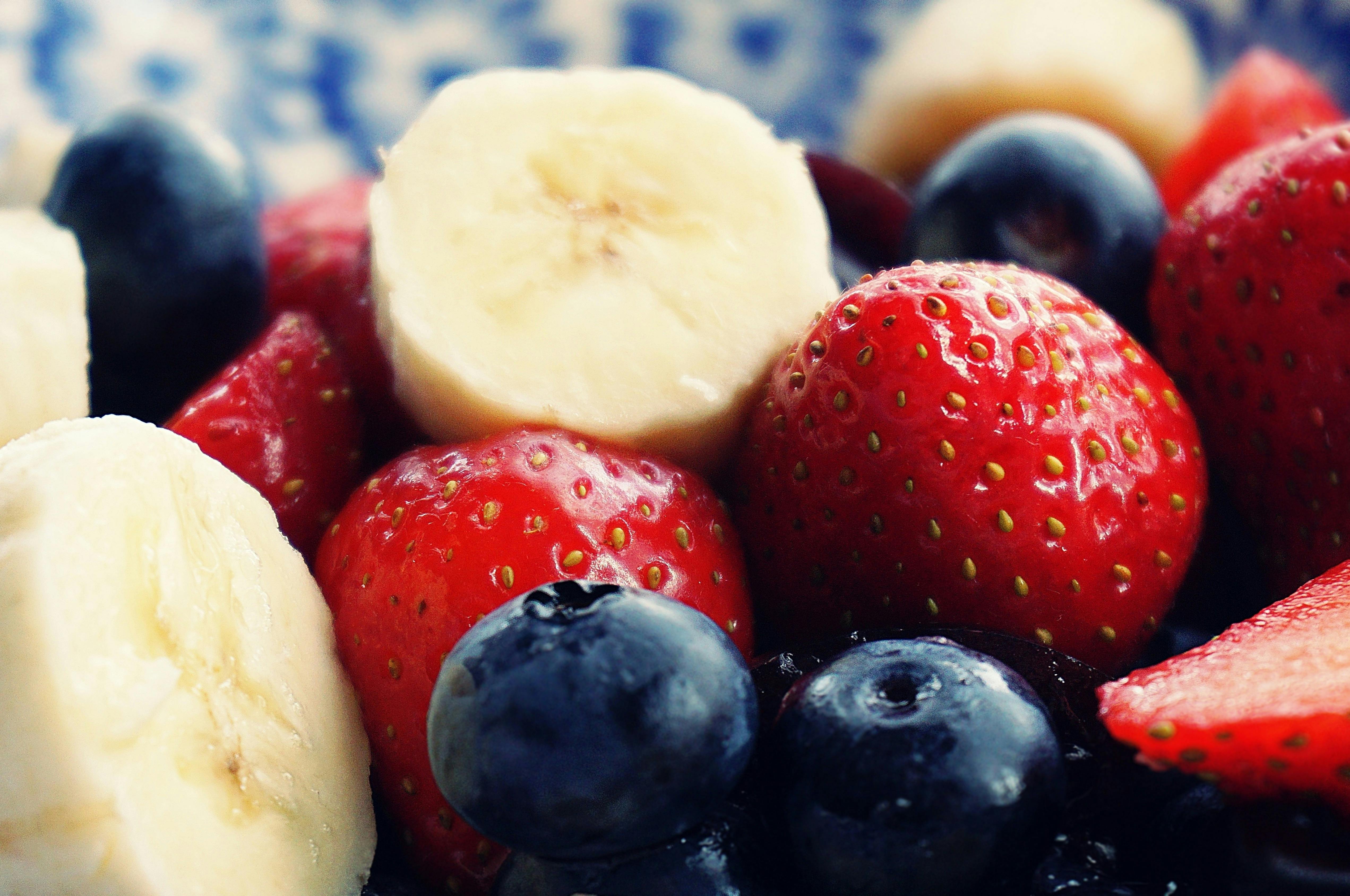 Blueberries, strawberries and bananas
