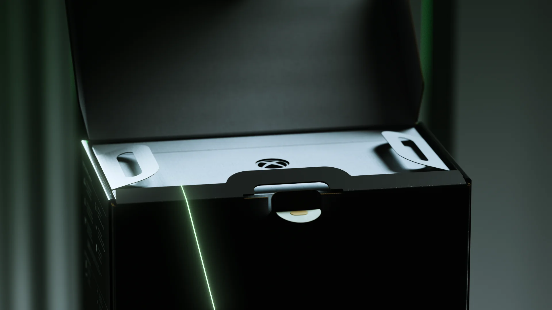 Opened XBOX packaging from above with the inner lid revealed, 3D product animation