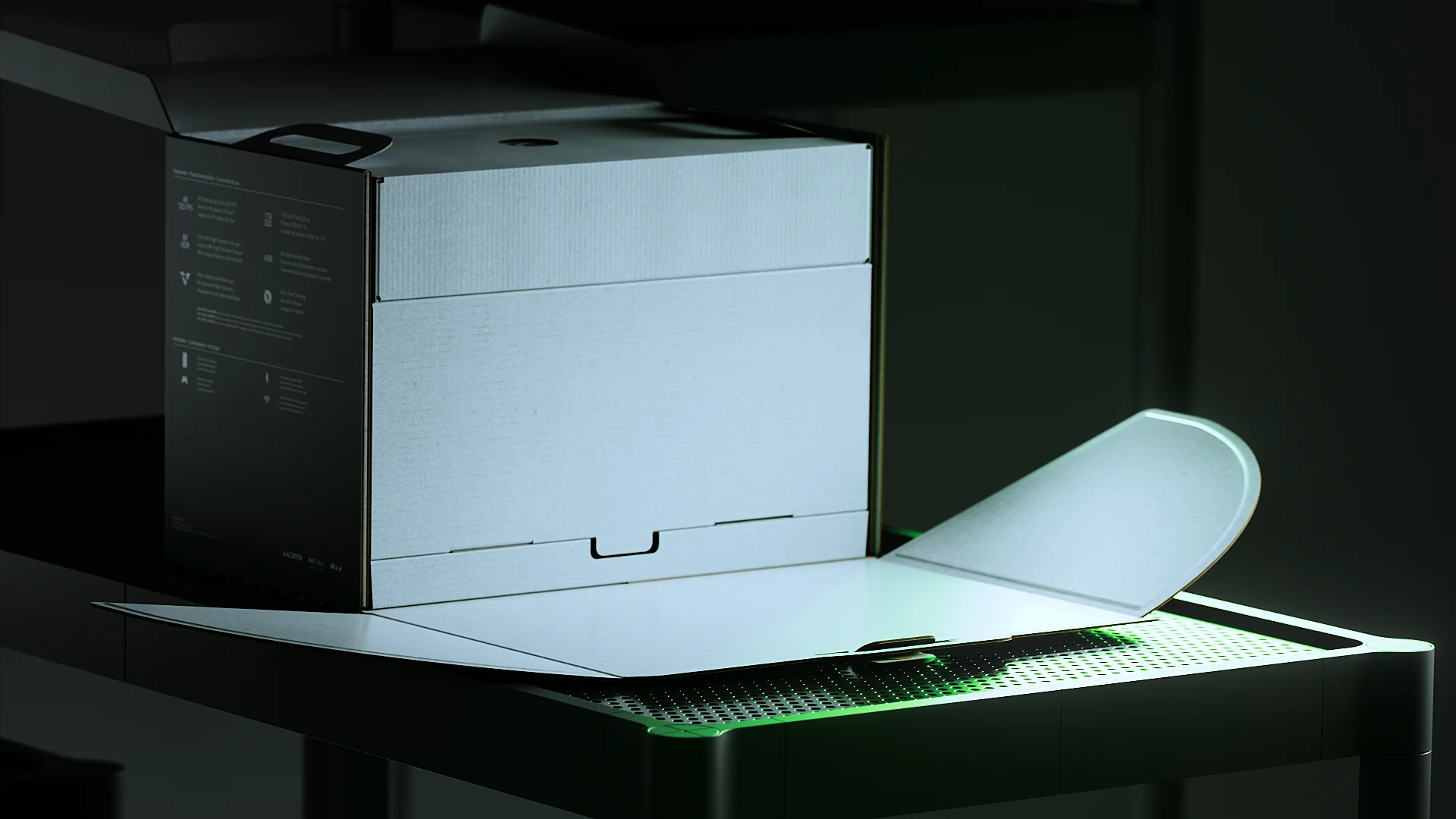 White XBOX inner box rising out of the unfolded outer packaging on a dark stage