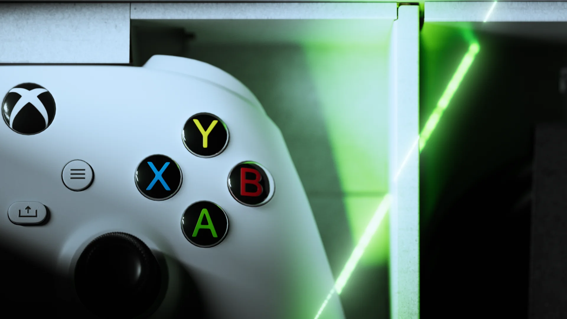 White XBOX controller in its packaging cavity, lit by a green light line