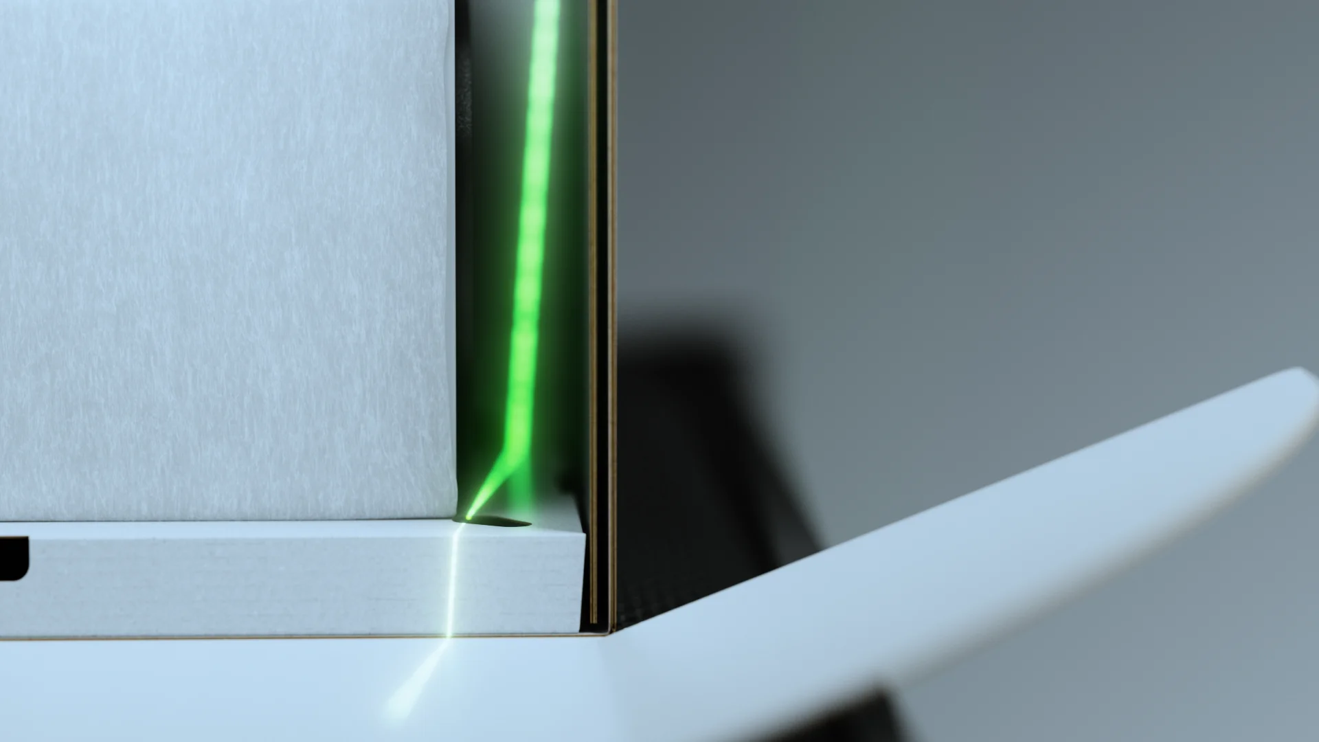 Green light line tracing the gap between the inner box and outer wall of the XBOX packaging, 3D animation