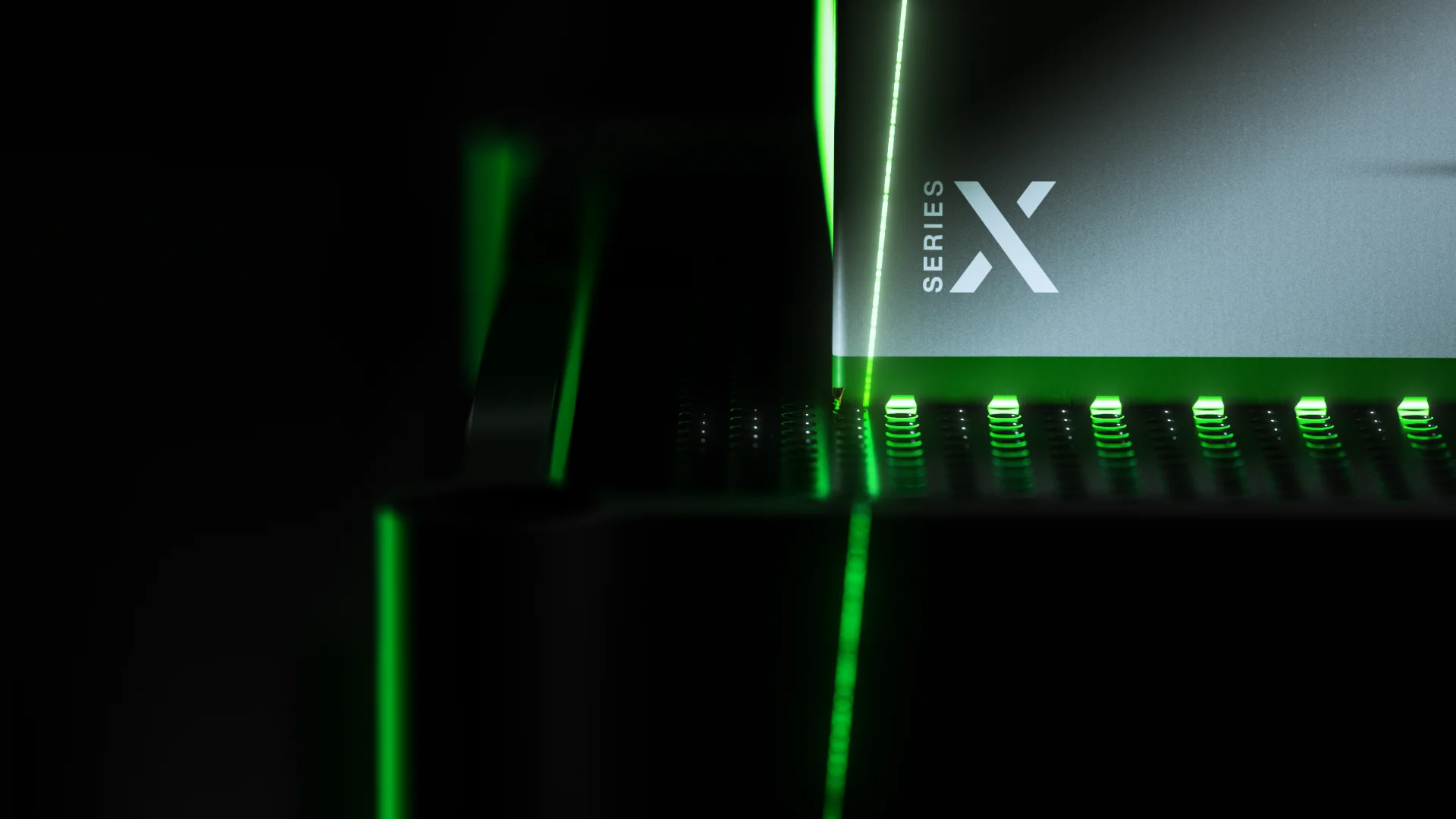 Green light lines sweeping across the dark XBOX Series X box, opening shot of the packaging film