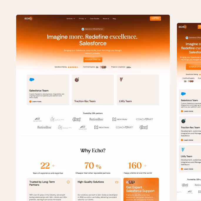 Echo website homepage showcasing Salesforce consulting services with sections on teams, ratings, trusted partners, and client benefits.