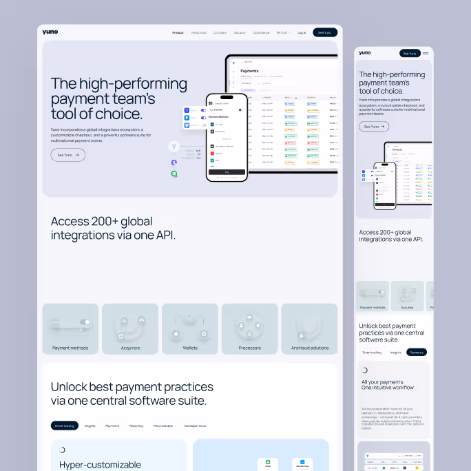 Yuno homepage showing a high-performing payment team's tool with a desktop dashboard and mobile interface, featuring global integrations and payment solution categories.