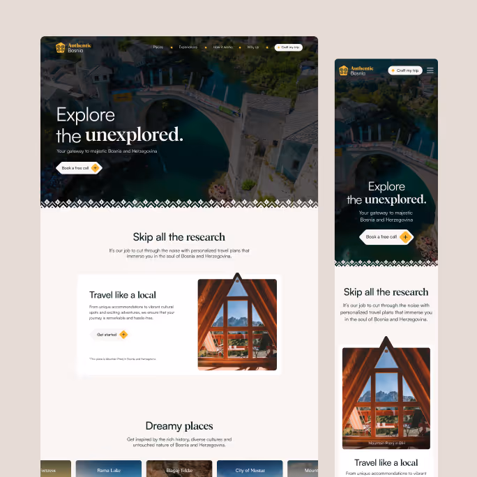 Website homepage for Authentic Bosnia featuring a bridge over a river, promotional text about exploring Bosnia and Herzegovina, and sections about personalized travel plans and local experiences.