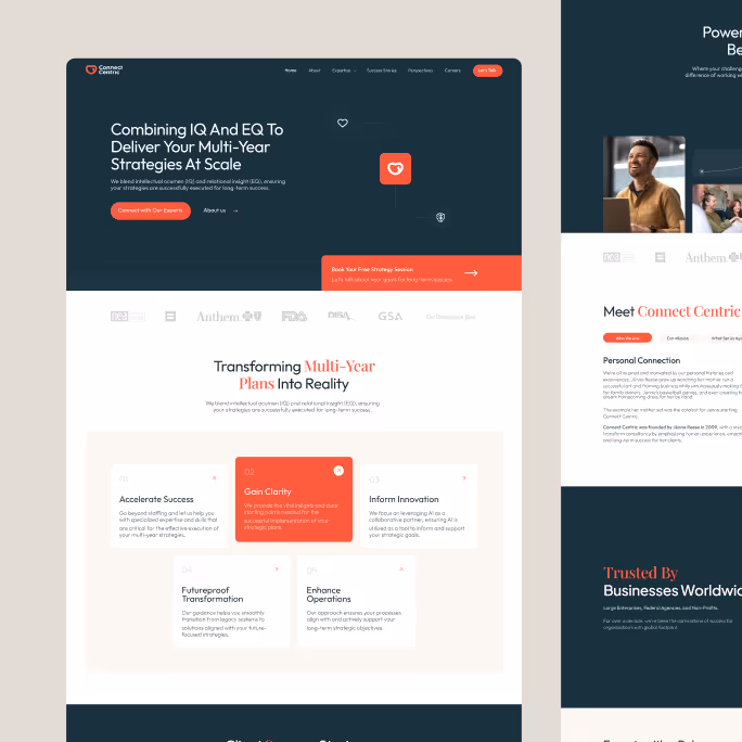 Website homepage showing Connect Centric branding with sections on combining IQ and EQ for multi-year strategies, a call-to-action button, and a five-step process for transforming multi-year plans into reality.