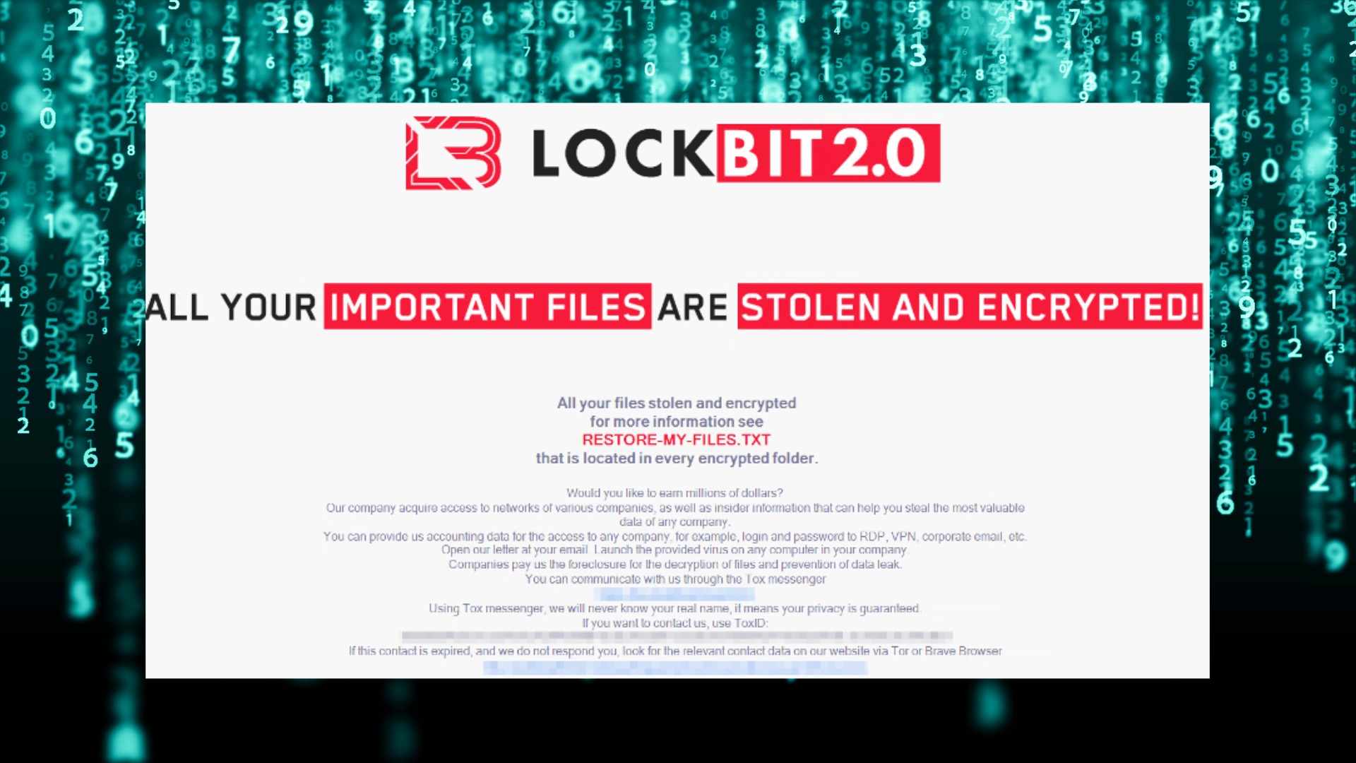 LockBit 2.0 ransomware message stating important files are stolen and encrypted with instructions for recovery.